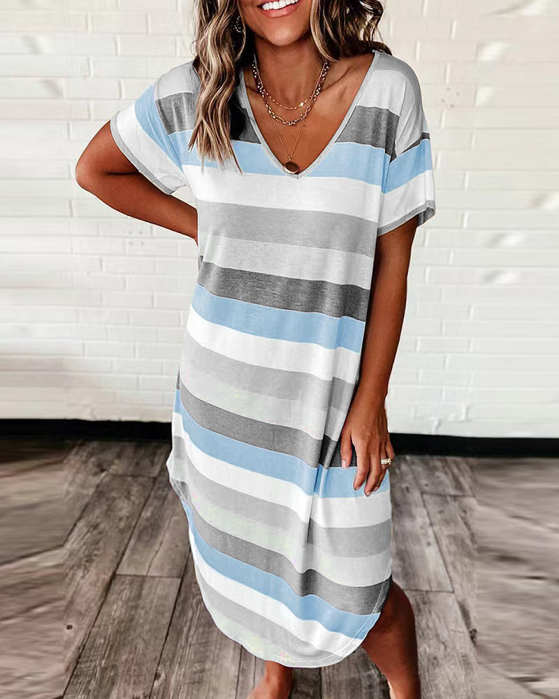 Summer Women’s Vneck Soft and Comfortable Loose Striped Printed Cotton Short Sleeved Street Style Dress Party Skirt alx