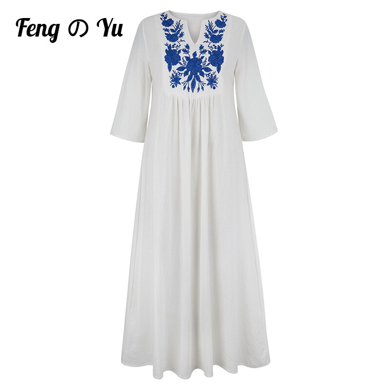 Autumn Women’s Ethnic Style Loose Cotton And Linen Skirt Three-Quarter Sleeves High Waist Loose Dress Embroidery Loose Long Skir alx