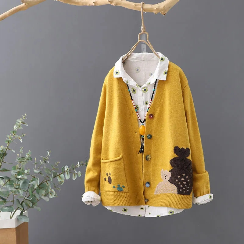 V Neck Sweater Cardigans for Women Embroidery Sweaters Coat Female Cute Bear Knit Jacket Fashion Woman Casual Outerwear alx