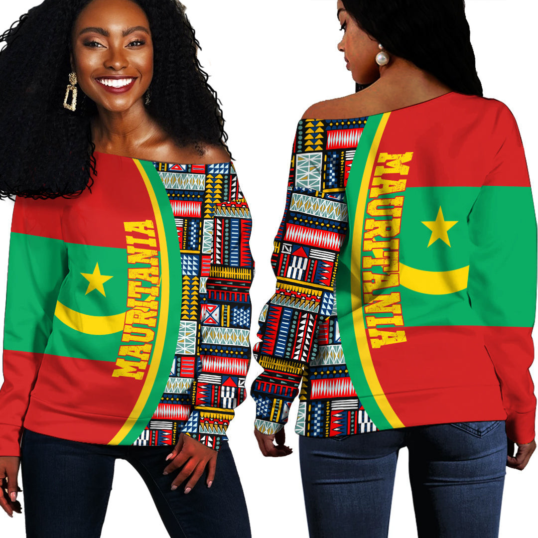 Africazone Clothing – Mauritania Flag And Kente Pattern Special Women’S Off Shoulder Sweaters A35