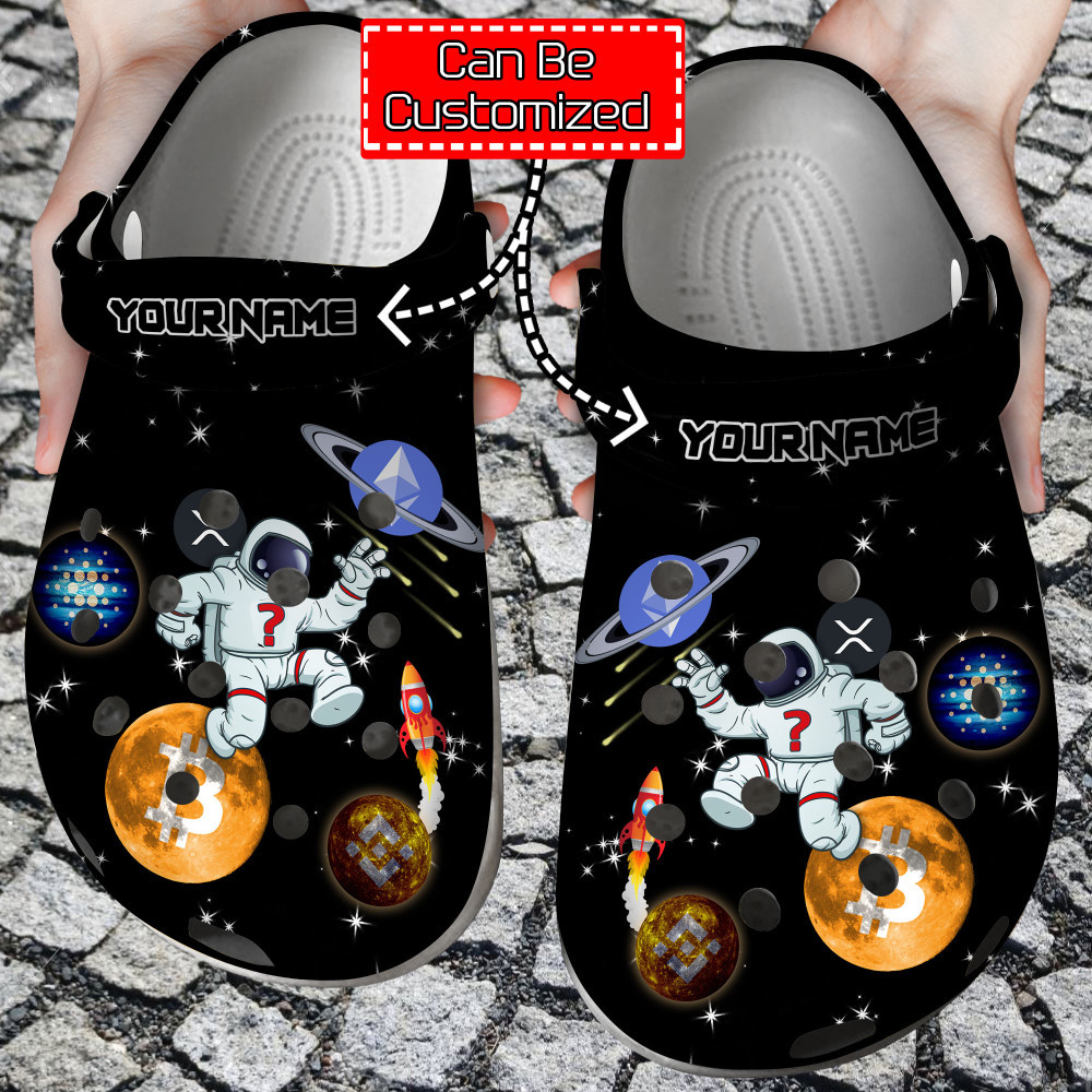 Crypto Crocs – Personalized Spaceman Jumping Between Crypto Coins Clog Shoes For Men And Women