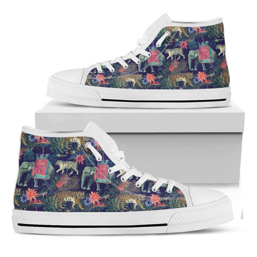 Asian Elephant And Tiger Print White High Top Shoes