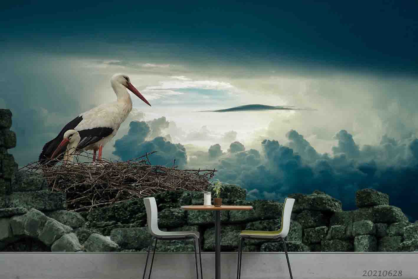 3D Sky Cloud Animal Crane Wall Mural Wallpaper Lqh 258