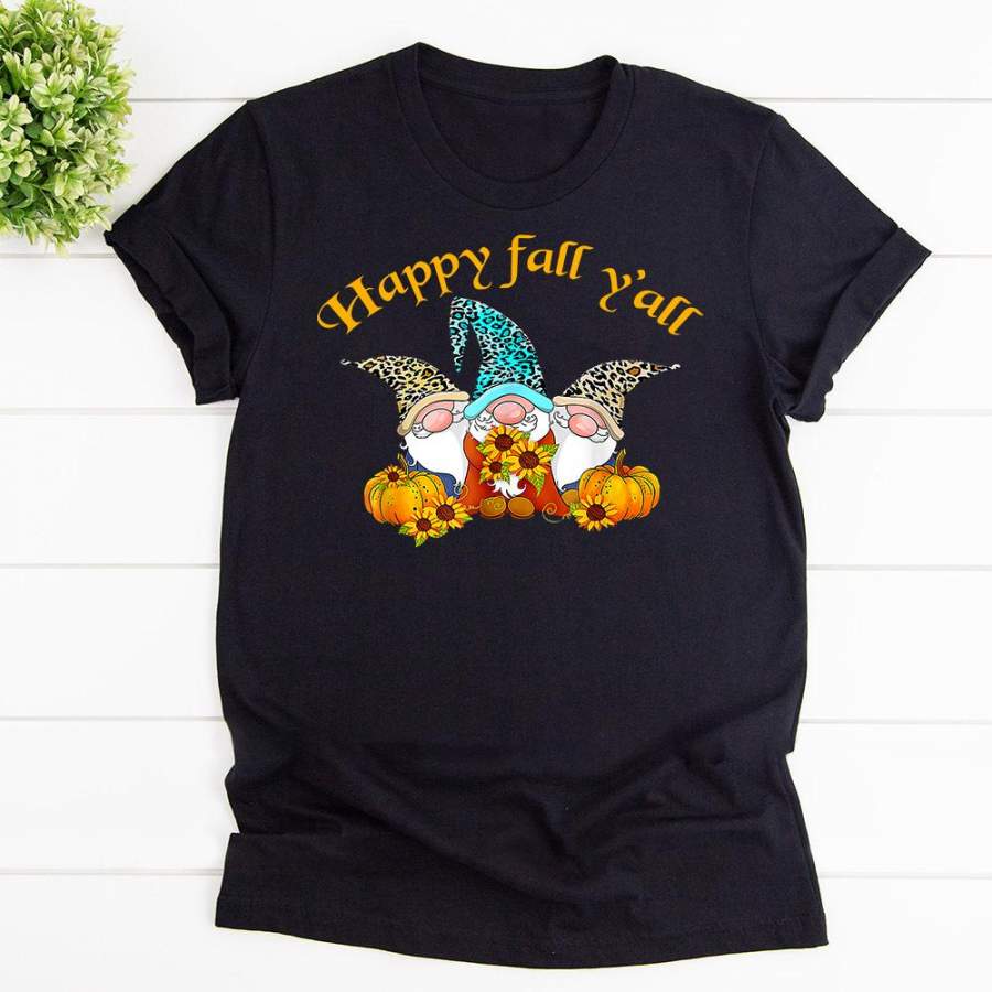 Autumn gnomes happy fall y’all gnome leopard pumpkin black cotton t shirt for men and women S-6XL