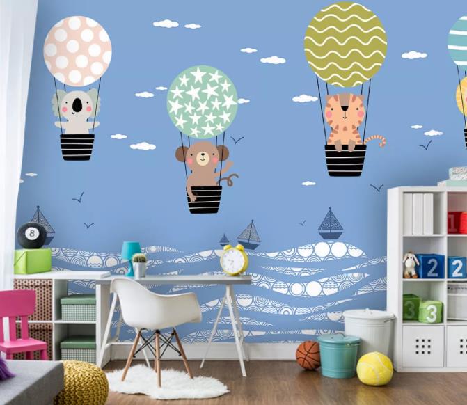 3D Cartoon Blue Sky Animal Balloon Wall Mural Wallpaper 49