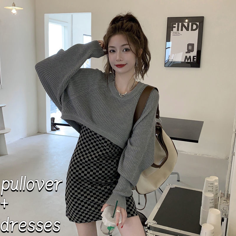 Crop Pullovers Sets Women Preppy Style Casual Design Plaid Dresses Mini Sexy Retro Sweater Spring Sweet Korean Style Stylish New alx