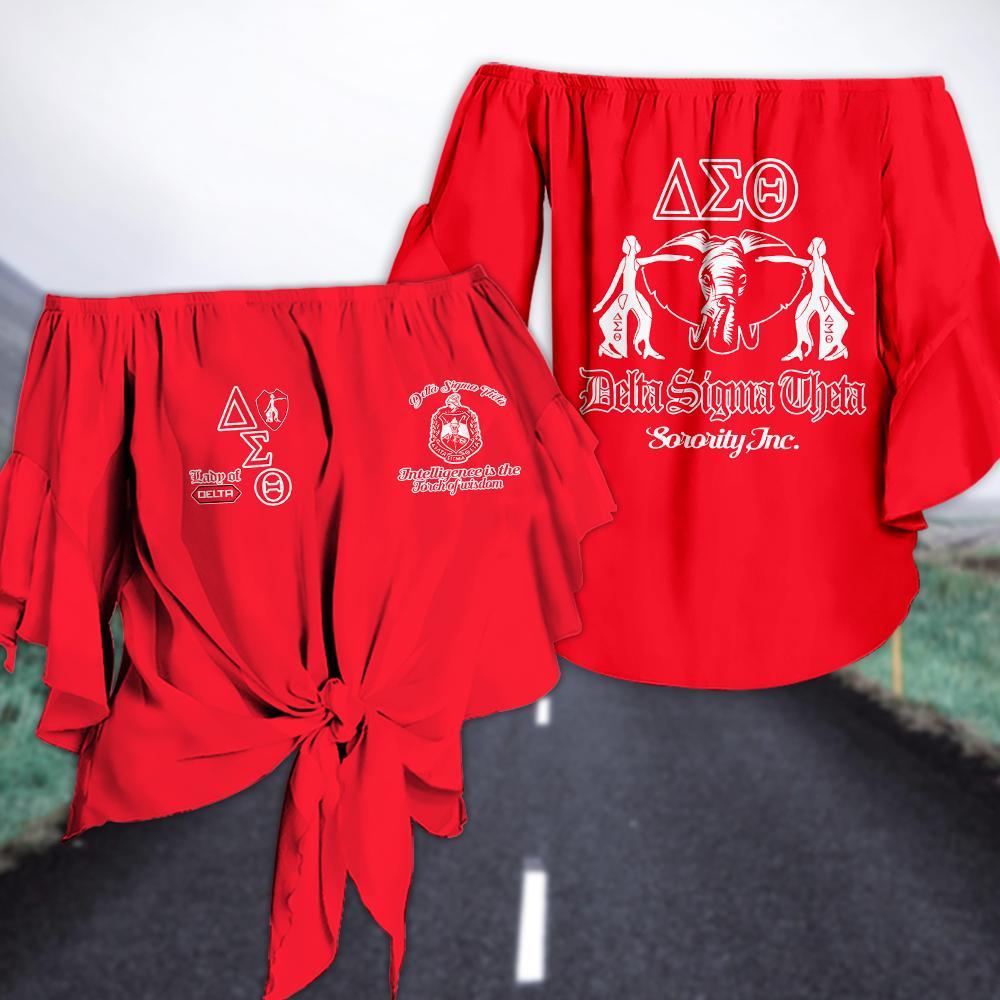 DELTA SIGMA THETA TIE KNOT OFF SHOULDER SHIRT 2