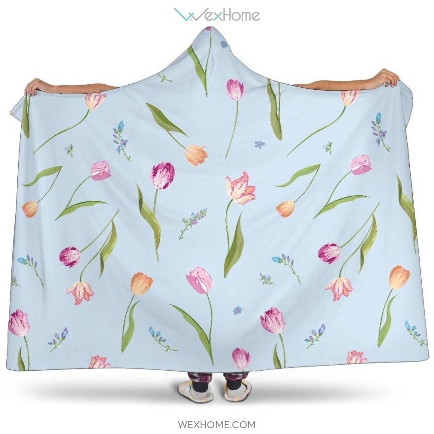 Watercolor Tulips Pattern Hooded Blanket