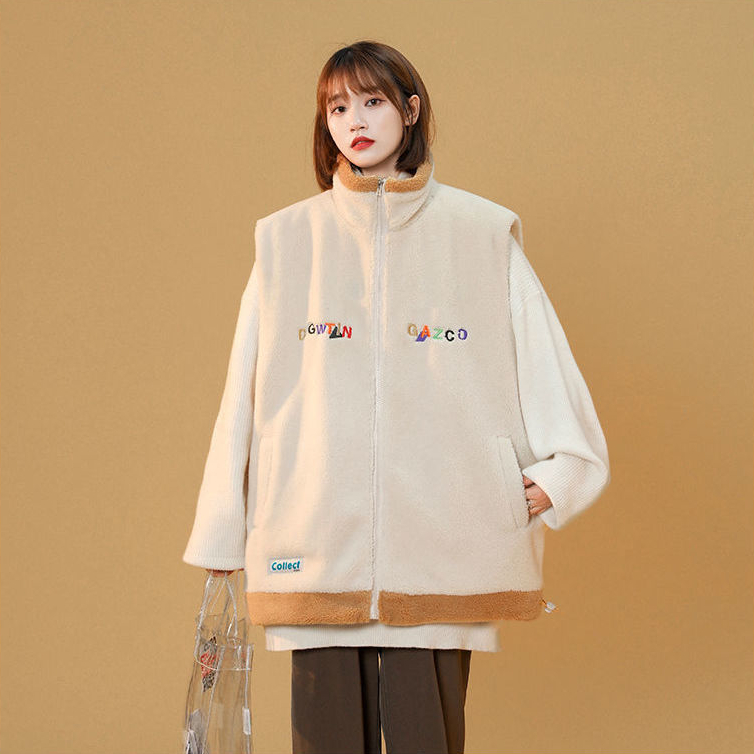 Vests Women Ulzzang Preppy Letter Zip-up Panelled Ladies Outwear All-match Causal Female Cozy Fashion Winter Lambswool Pockets alx