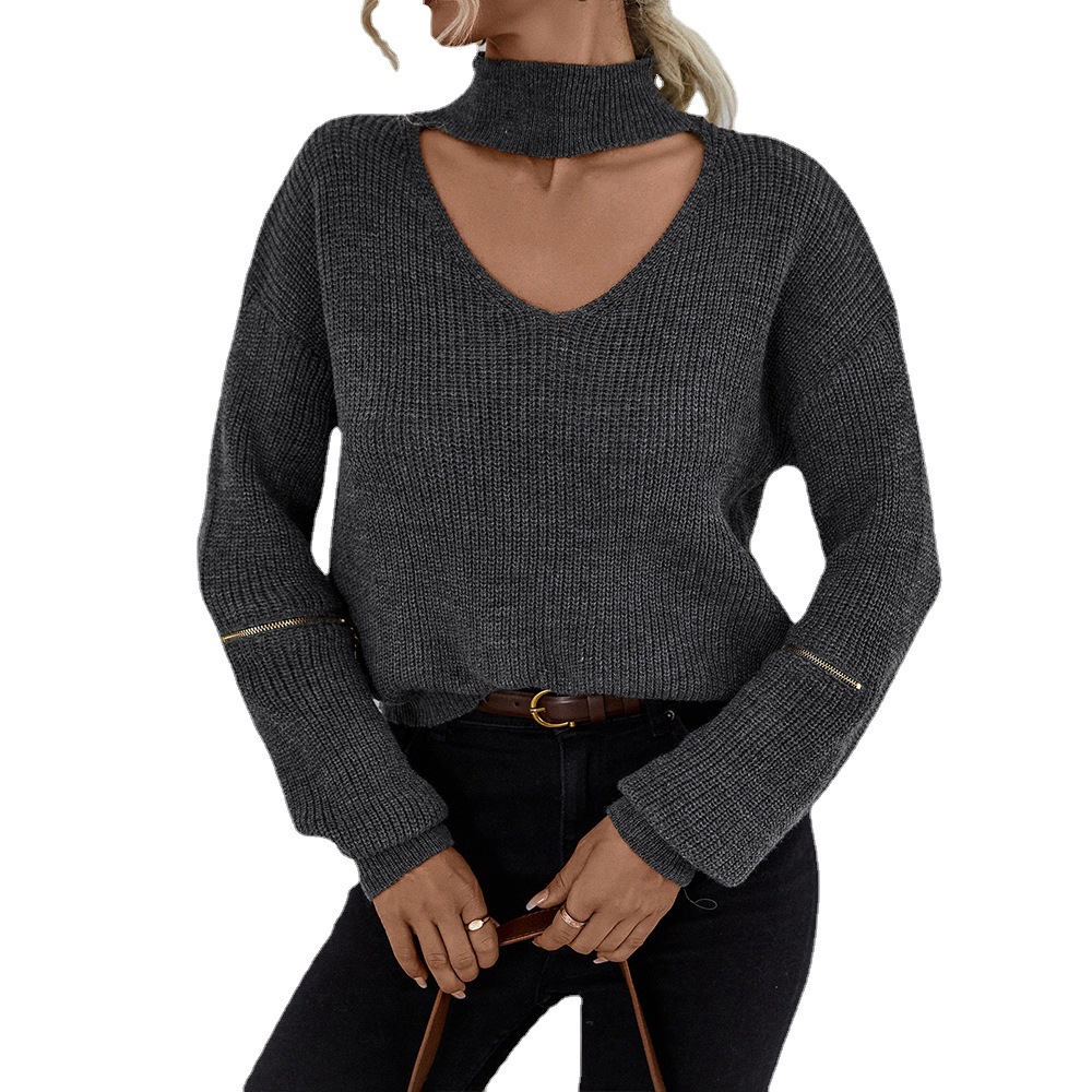 Cross-border women’s 2022 autumn and winter new spot high collar hollow zipper loose casual long-sleeved temperament sweater alx