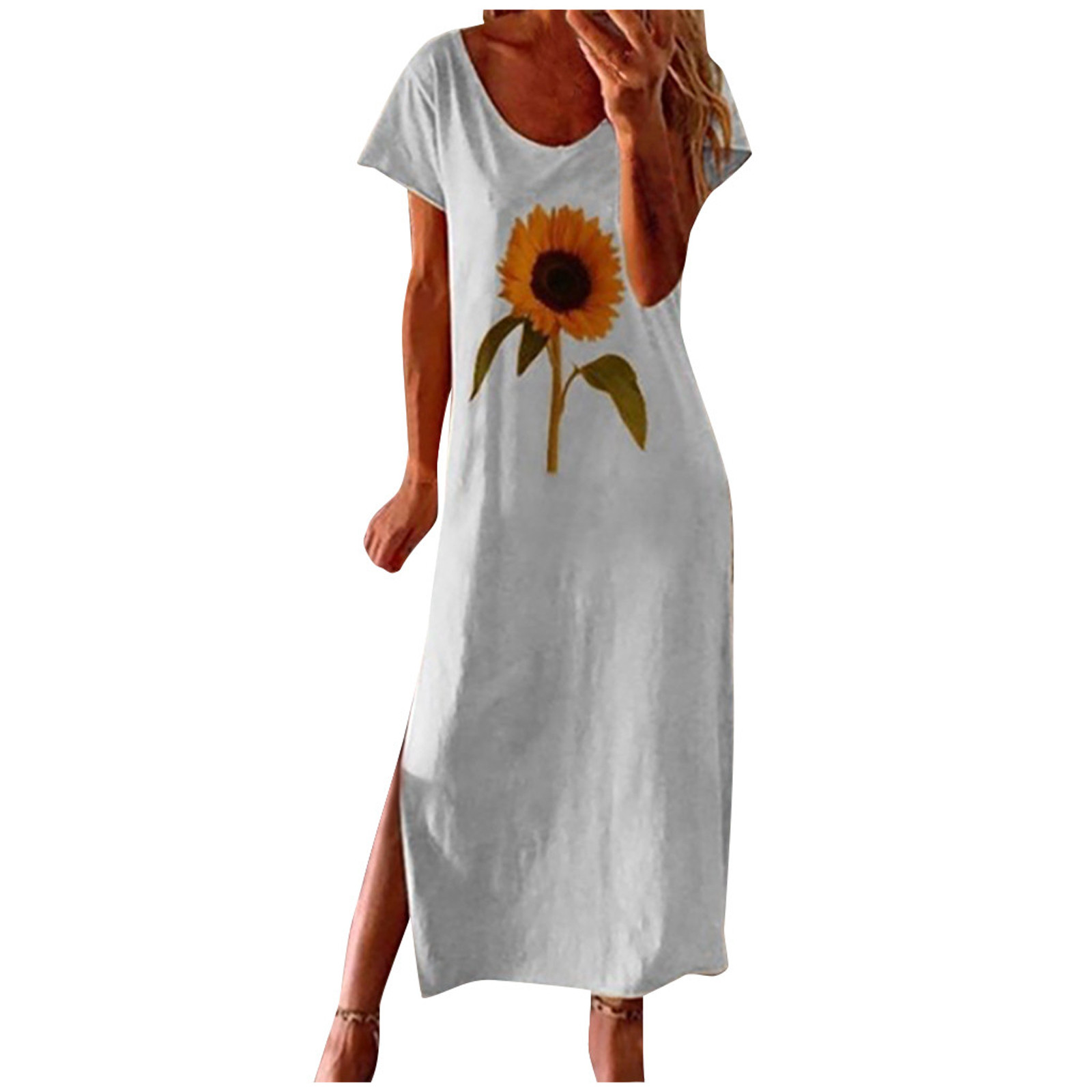 2020 Tshirt Casual Dress Long Sleeve Women Sunflower Print Midi Dress Side Splited Plus Size S-5XL Loose Boho Beach Dress Autumn alx