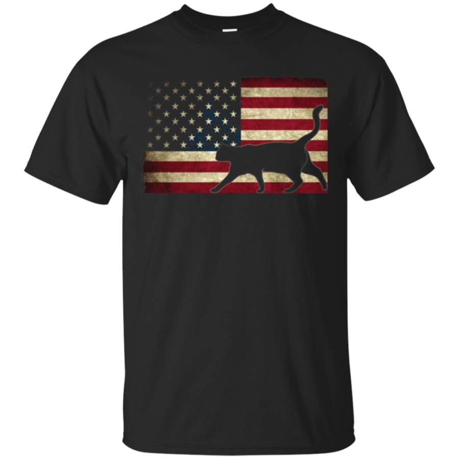 AGR Black Cat Walking Across American Flag T-shirt