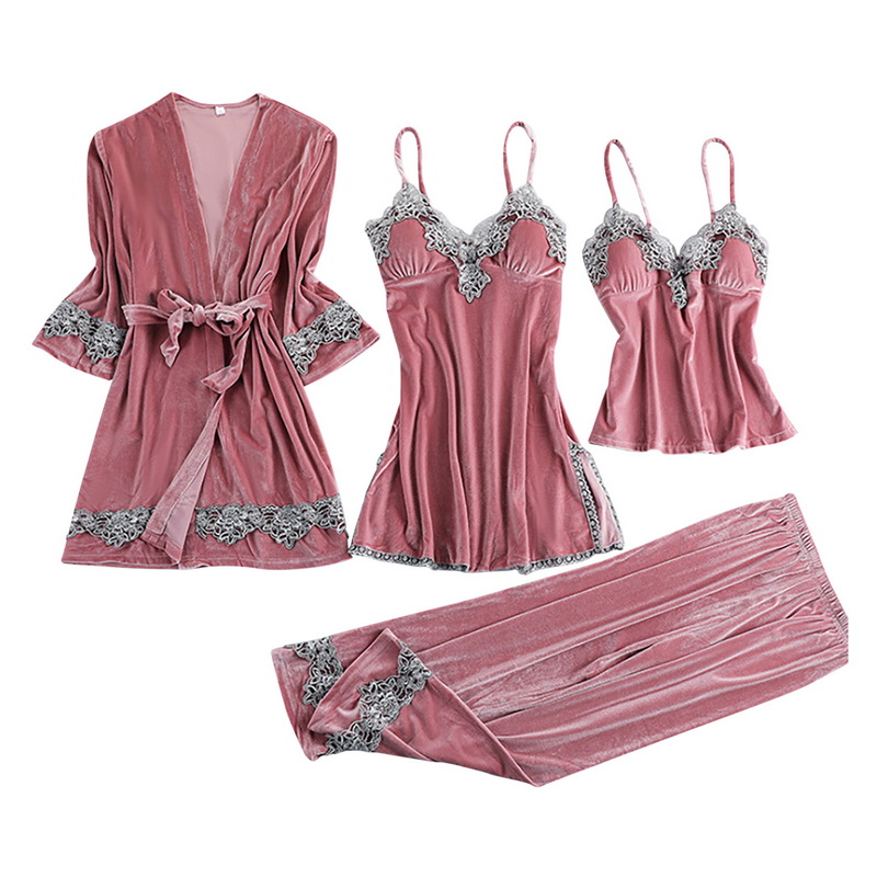 Burgundy Velour Pajama Suit Women 4PCS Kimono Robe Nightgown Set Sleepwear Lady Winter Velvet Warm Lace Flower Bathrobe Gown alx