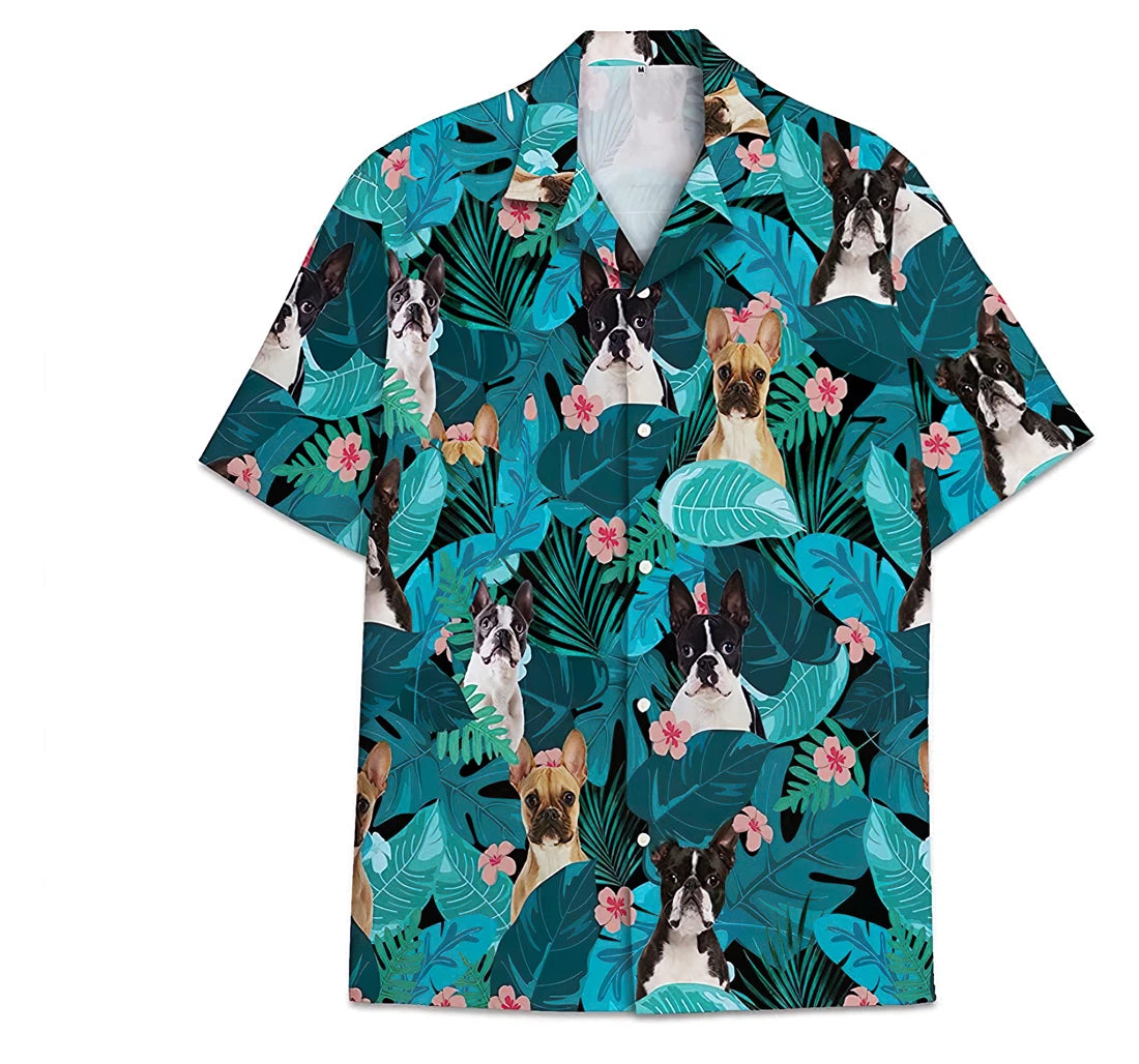 Dog Boston Terrier Pattern Short Tall Hawaii Button Up Aloha Shirt For Women Ha56479