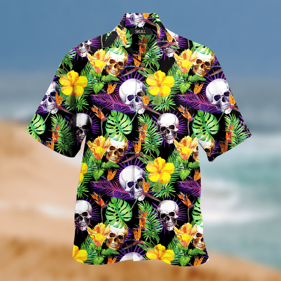 Amazing Skull In Tropical Leaf Print Hawaii Aloha Shirt Ha40027