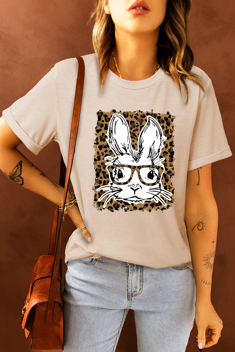 Leopard Easter Bunny Round Neck T-Shirt