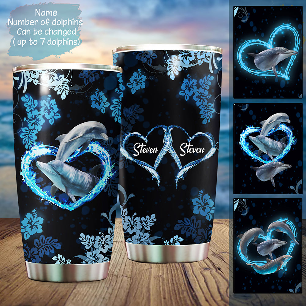 Excoolent Custom Tumbler For Family & Friends, Unique Gift With Personalized Name – Dolphins With A Heart – Stainless Steel Tumbler