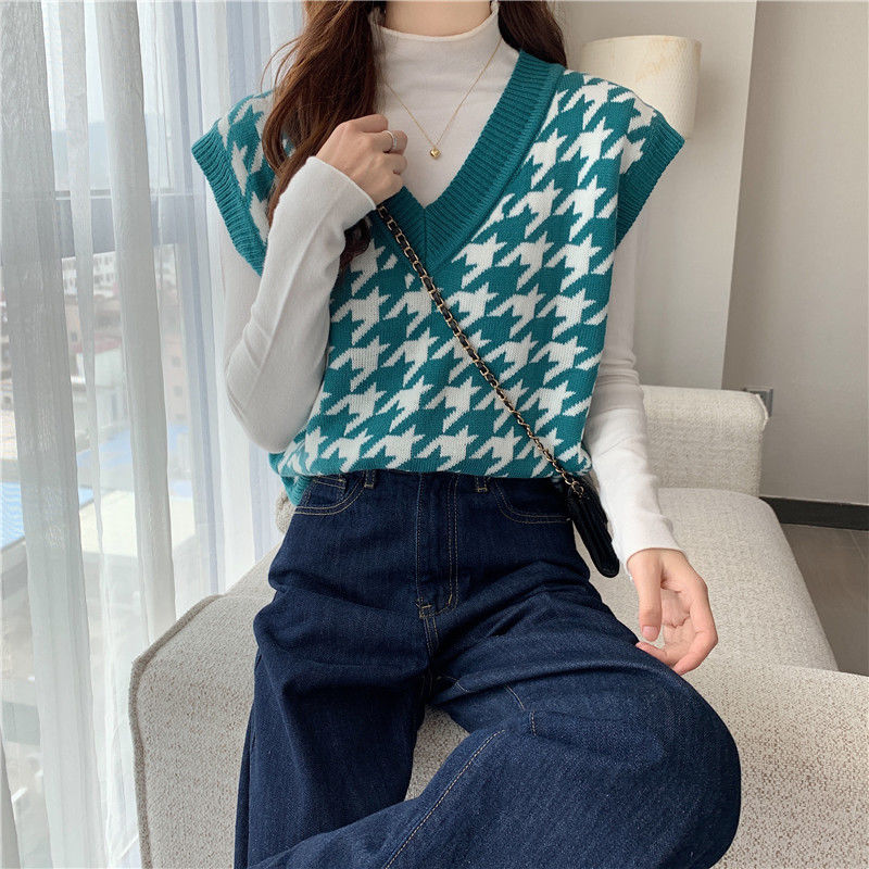 Sweater Vest Women Houndstooth 3 Colors Loose Preppy Retro Design Classic Simple All-match Knitwear Hot Sale Ladies Ulzzang Ins alx