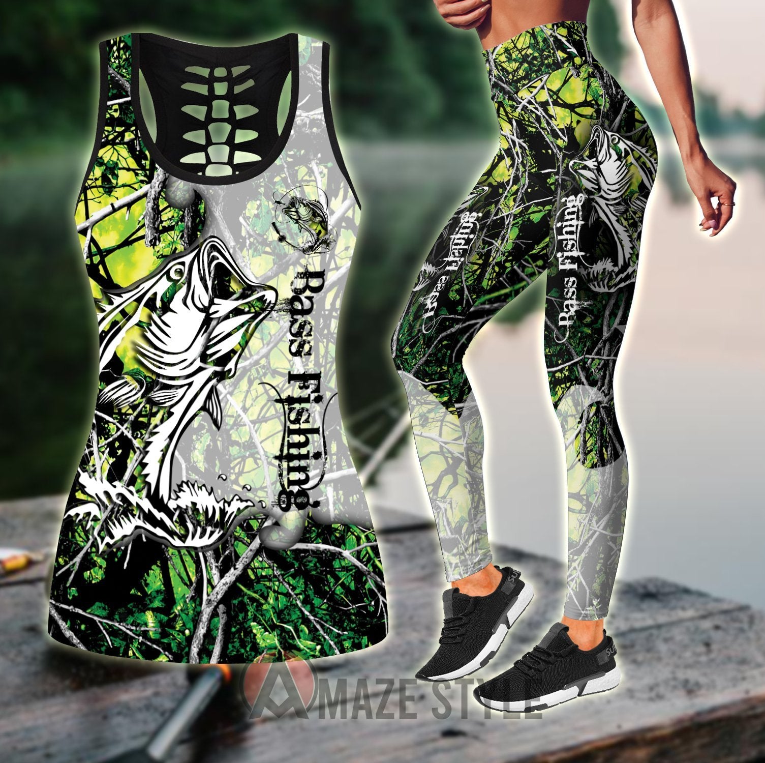 Women Tank Top Leggingsbass Fishing – Green Camo Combo Legging + Tank Fishing Outfit For Women