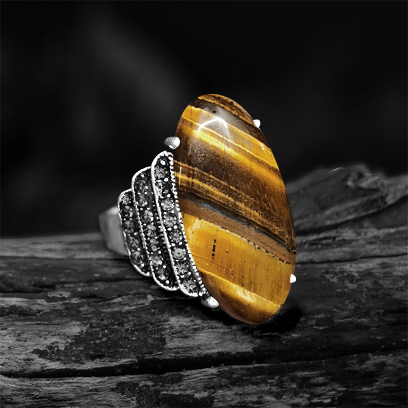 Vintage Eye Shape Natural Tiger Eye Rings For Women Antique Silver Plated Crystal Fashion Natural Stone Ring Free Shipping alx