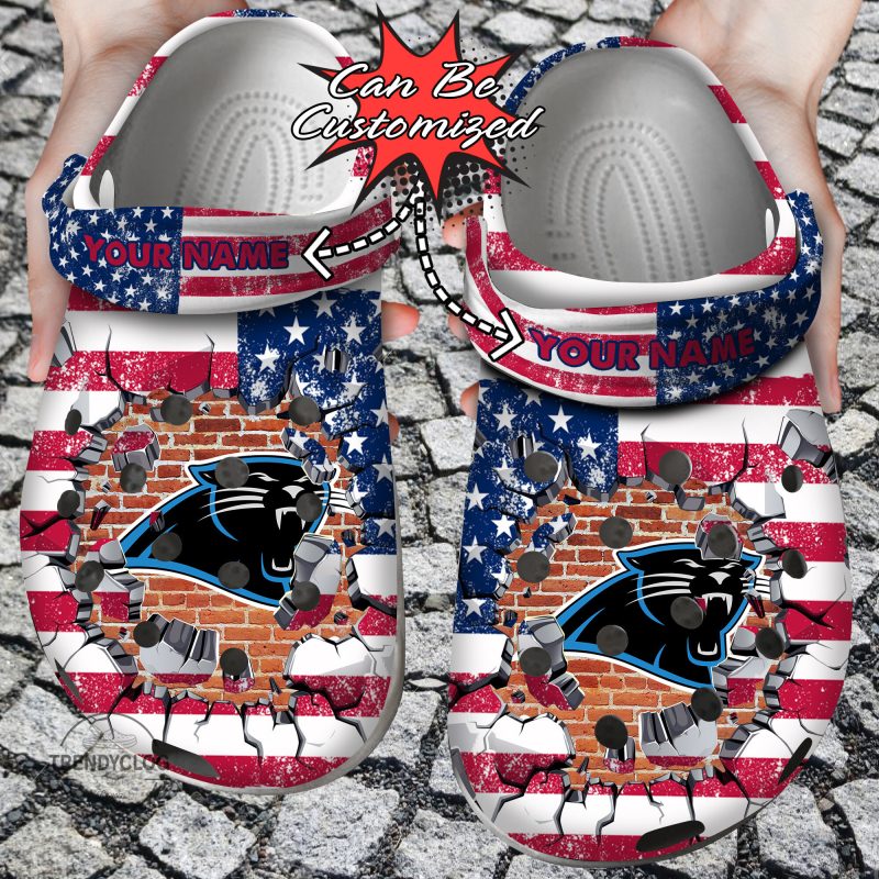 Football Personalized CPanthers American Flag Breaking Wall Clog Shoes