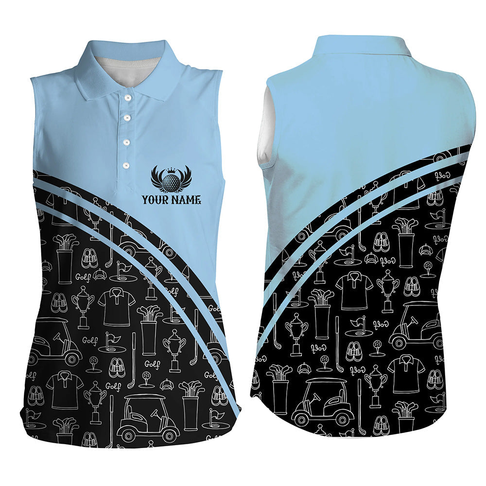 Womens Sleeveless Polo Shirt Custom Black Pattern Short Sleeve Golf Shirts, Golf Gift For