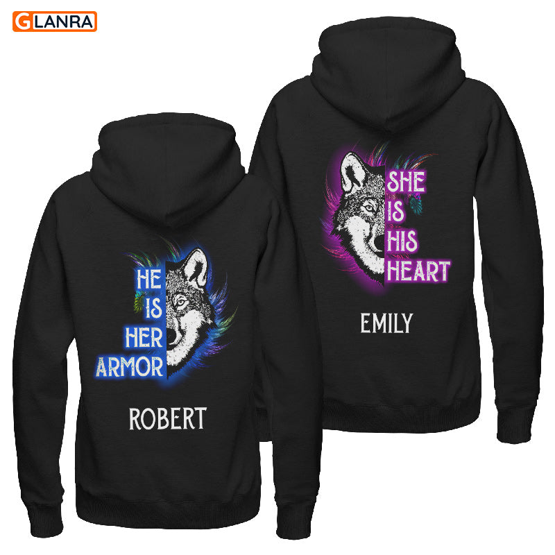 Personalized He Is Her Armor She Is His Heart Hoodie, Custom Wolf Couple Hoodie, Couple Hoodie, Wolf Hoodie, Unisex Sweater, Sweatshirt