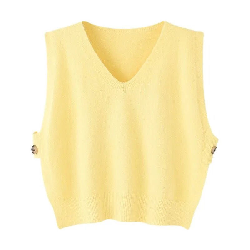 Sweater Vest Women Elegant Side-slit Button Design V-neck Knitted Sleeveless Sweaters Female OL Retro Loose Simple Streetwear alx