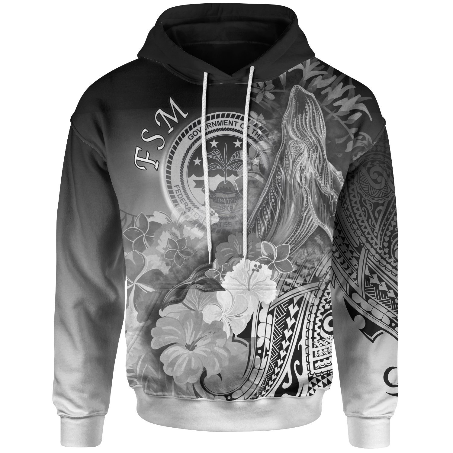 Fsm Hoodie – Humpback Whale with Tropical Flowers (White) – Pacific Print Hoodie