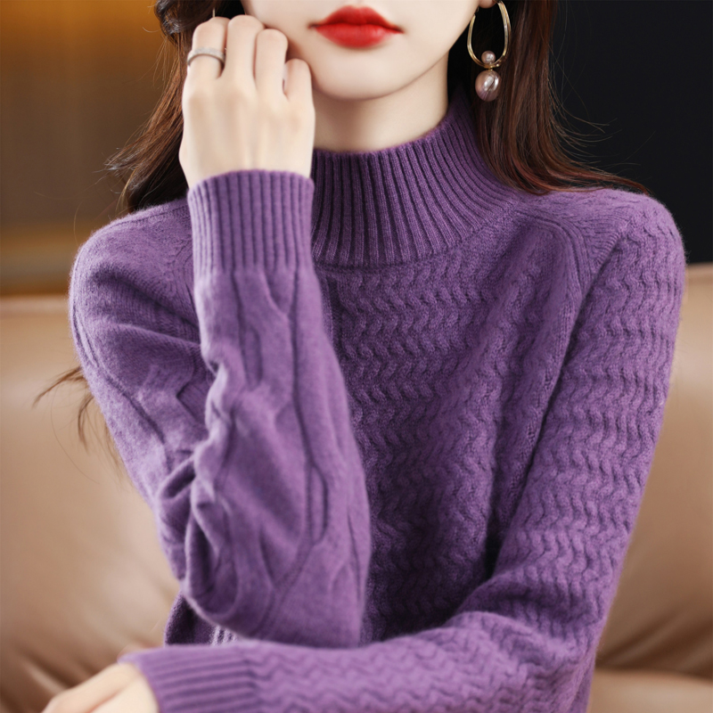 Autumn And Winter New 100% Wool Sweater Women’s Hollow Solid Color First-Line Ready-To-Wear Semi-High Collar Bottoming Shirt alx