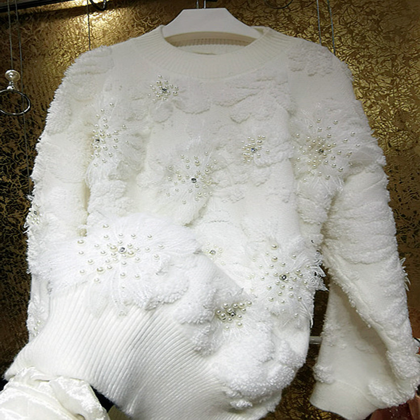 2022 Spring new fashion heavy industry three-dimensional flower pearl lace plush thick loose sweater women alx