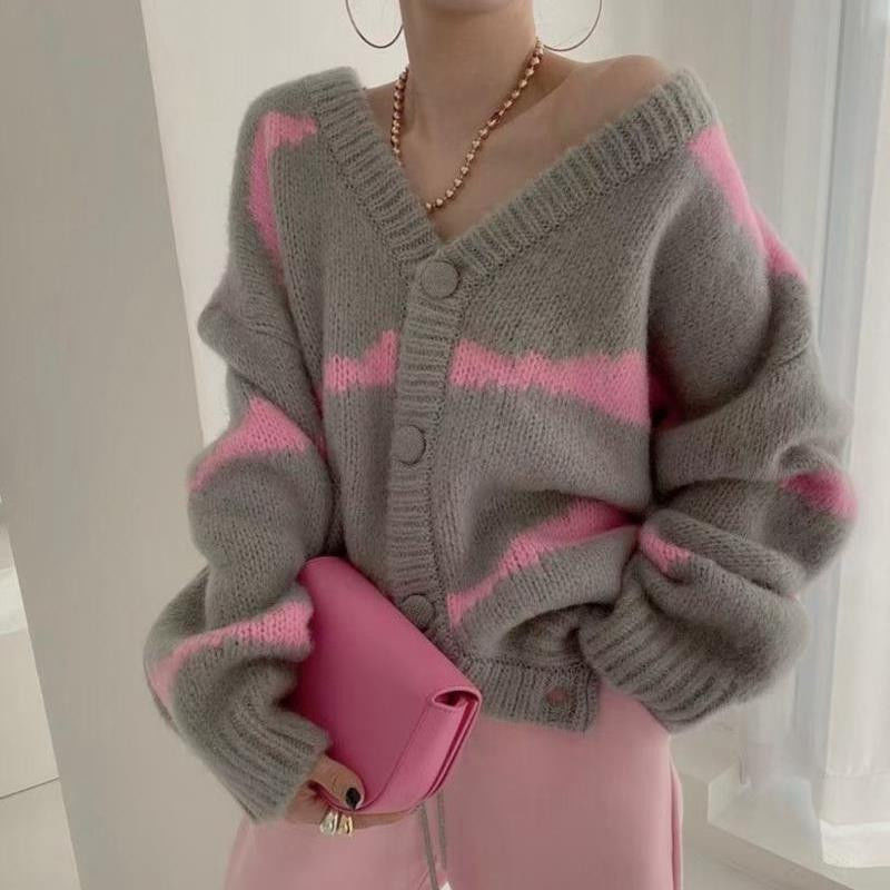 Women Loose Striped Sweaters Korea Loose V-neck Long Sleeve Knitting Cardigan Jacket Outfits Blusa Frio Feminina Tops Mujer 2022 alx