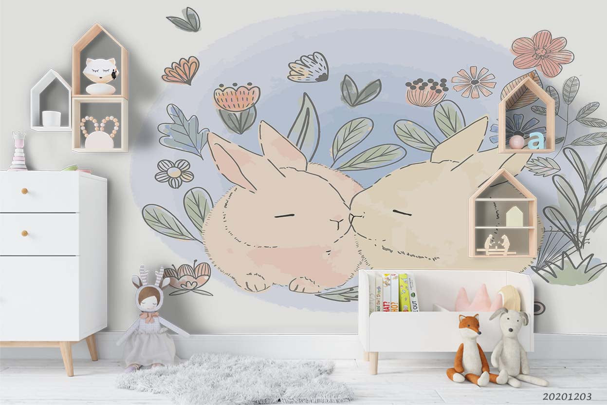 3D Cartoon Floral Plant Bunny Couple Animal Wall Mural Wallpaper Lxl