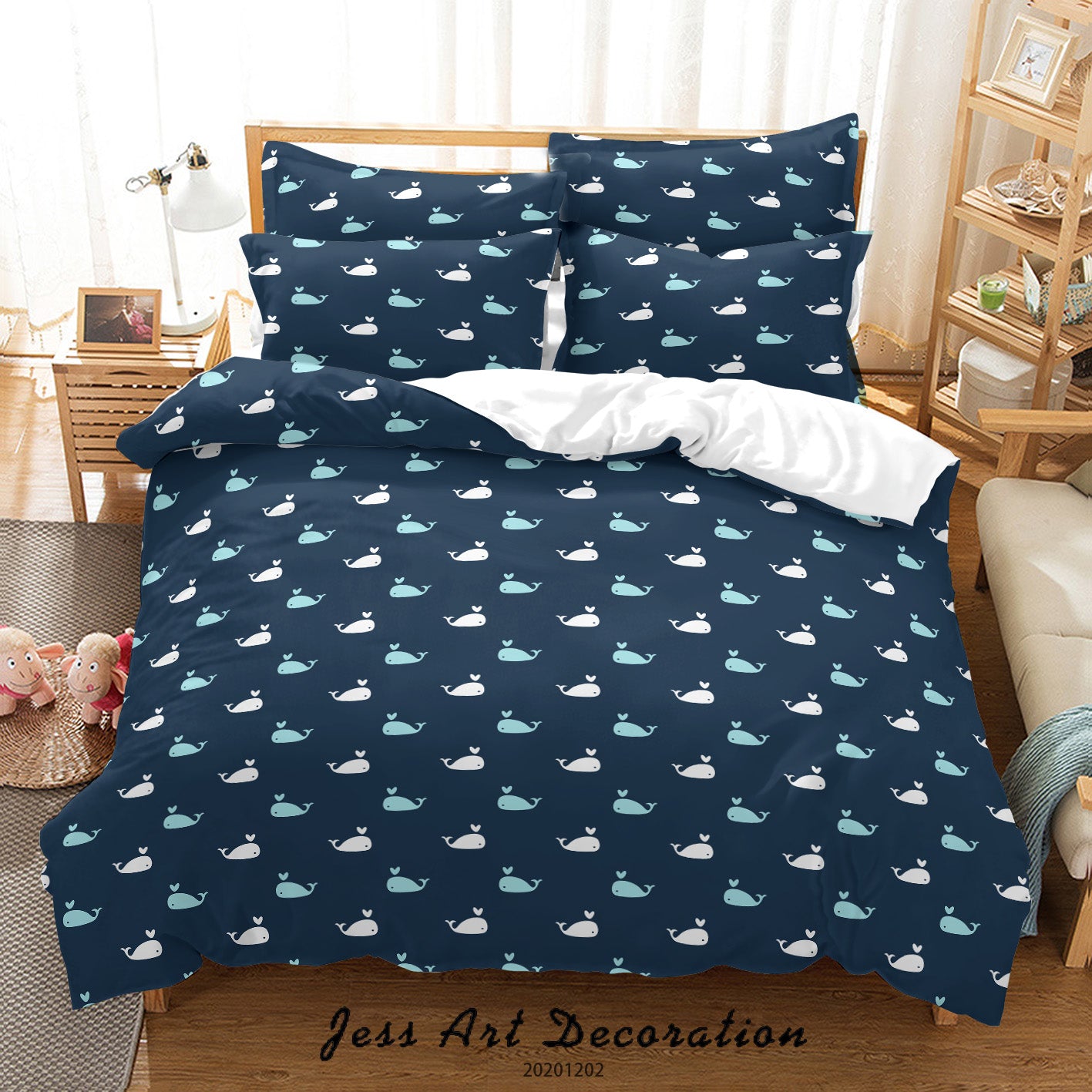 3D Hand Drawn Cartoon Whale Pattern Blue Quilt Cover Set Bedding Set Duvet Cover Pillowcases Lxl