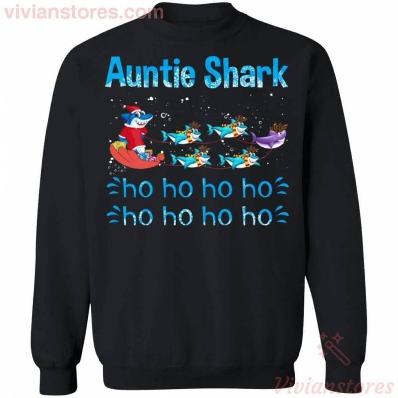 Auntie Shark Ho Ho Ho Santa Shark Family Christmas Sweatshirt Funny Gift MT10