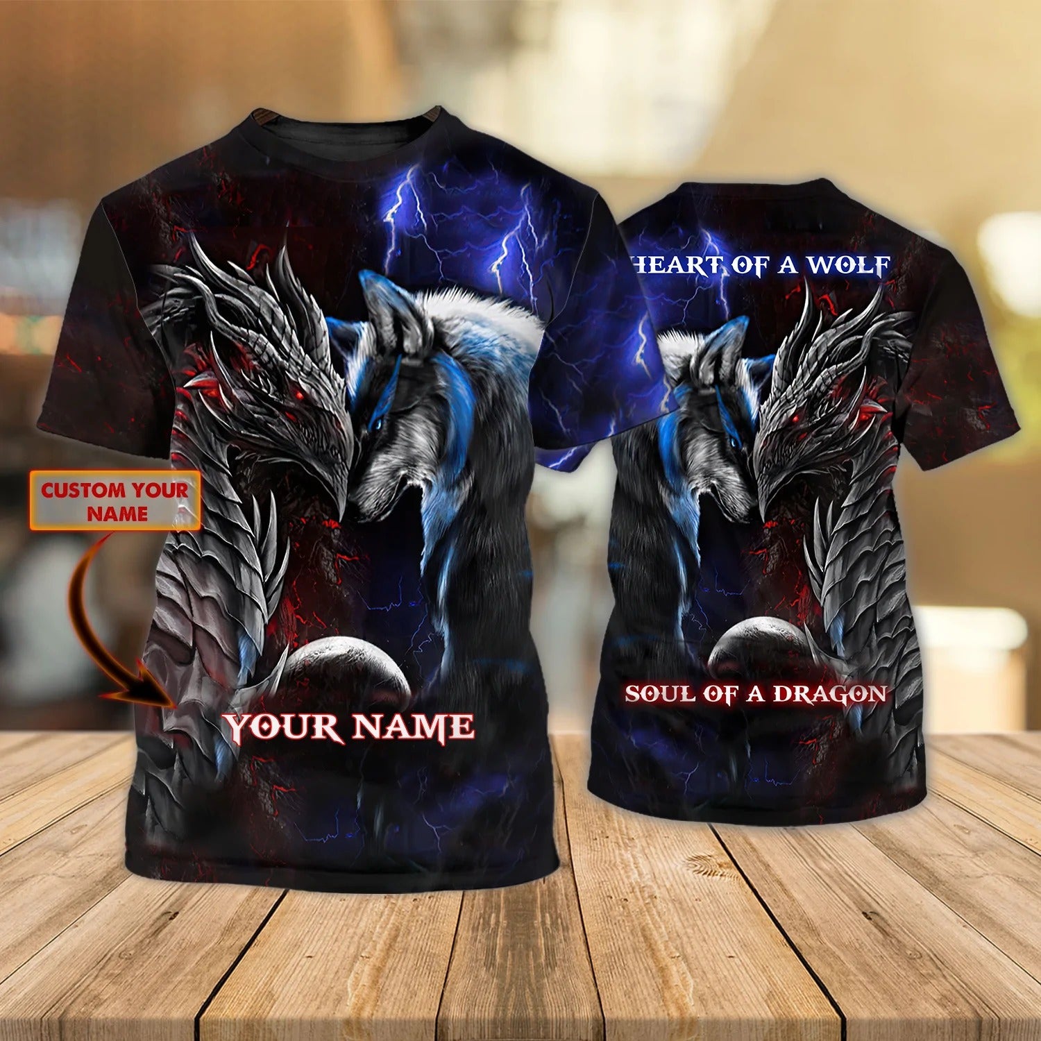 Custom 3D Wolf And Dragon T Shirt, Heart Of A Wolf Sould Of A Dragon Shirt