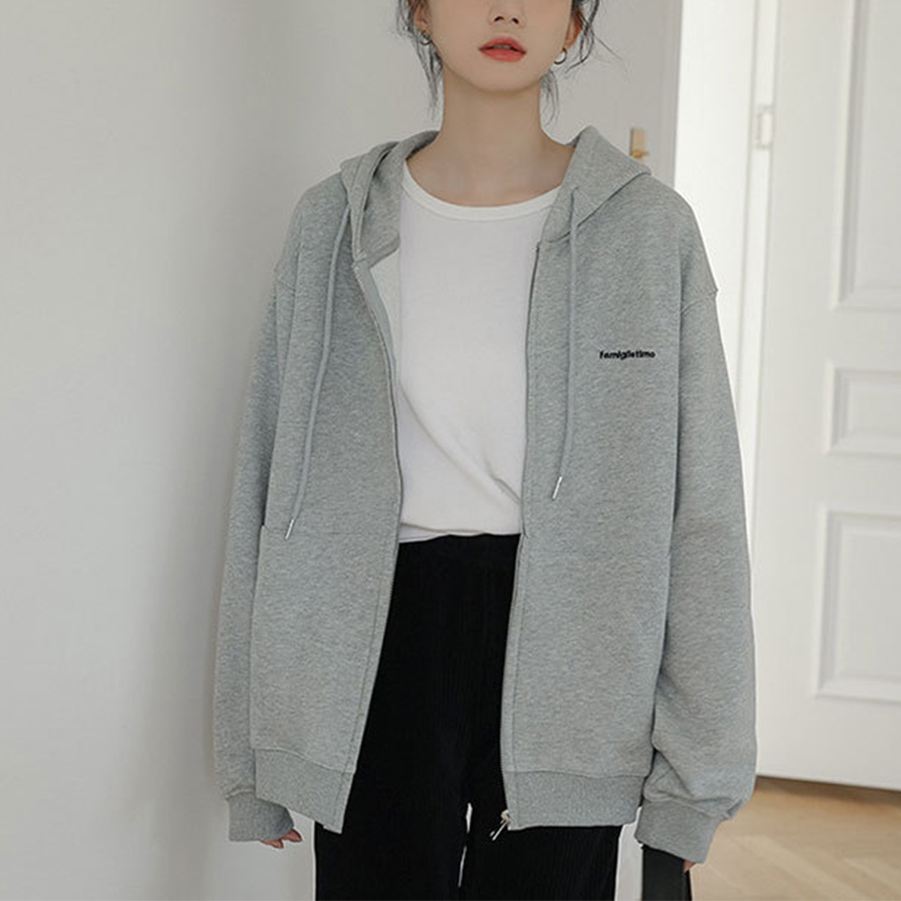 TYBURN Sweatshirt Women’s Autumn New Letter Grey Hooded Cardigan Korean Loose Relaxed Zipper Coat Top alx