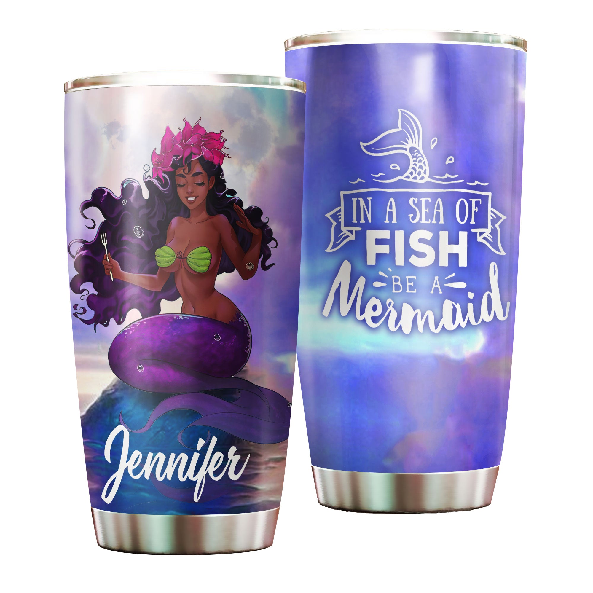 Personalized Black Mermaid Stainless Steel Tumbler – Double-Walled Insulation Vacumm Flask – Gift For Black Queen, International Women’S Day, Hippie Girls