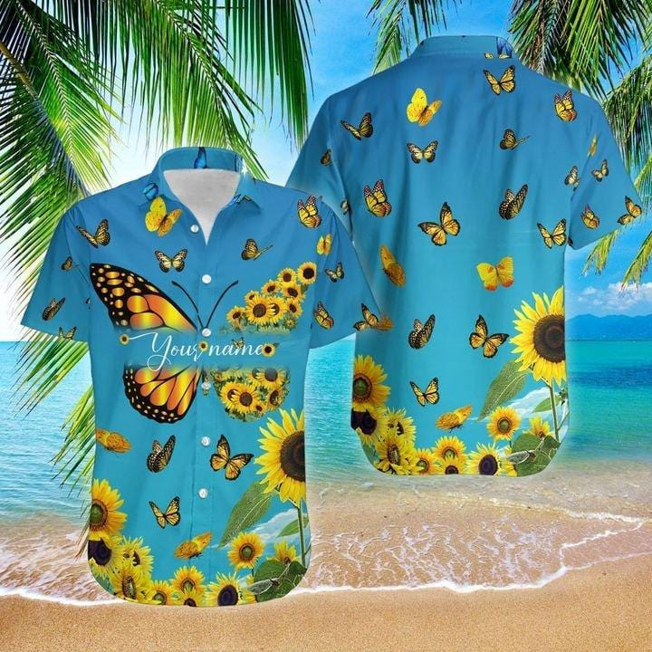 Custom Name Sunflower Butterfly Blue Unisex Hawaii Shirts Ha30451