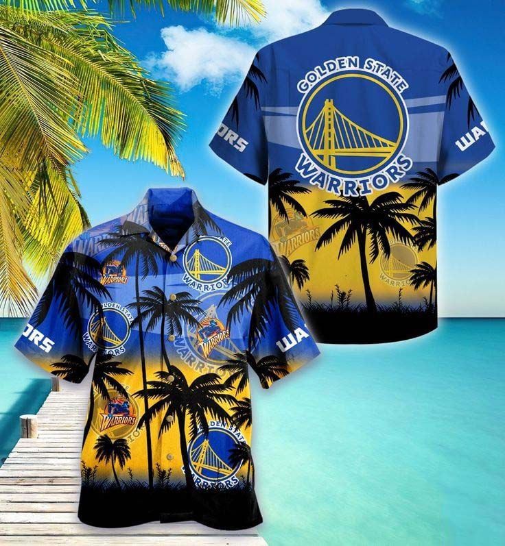 Nba Golden State Warriors Blue Yellow Palm Trees Trendy Hawaiian Shirt Aloha Shirt