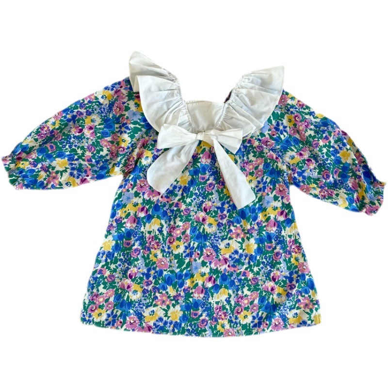 2022 Spring New Arrival Girls Long Sleeve Floral Dress Kids Backbow Dresses alx