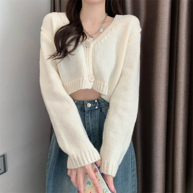 V-neck Knitted Cardigans Women Cropped Sexy Autumn Stylish Sweaters Young All-match Cozy Simple Fashion Hot Ladies Chic Ulzzang alx