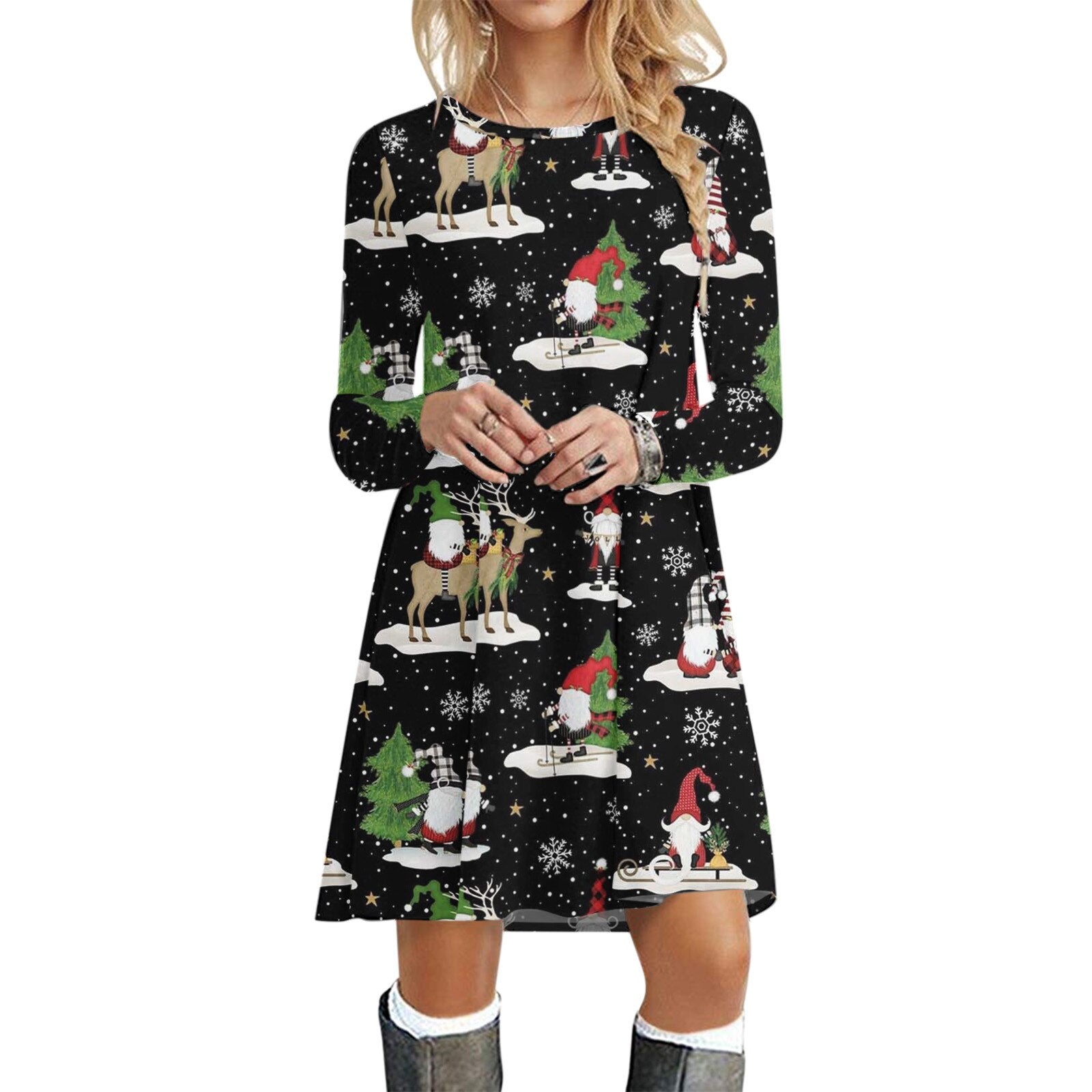Women’S Dress Casual Long Sleeve O-Neck Christmas Print Ladies Loose Sweatshirt Blouse Dress Mini Swing Dress Woman Xmas Dresses