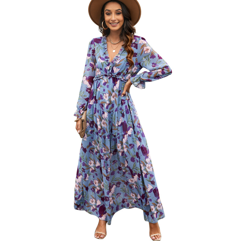 2022 New Floral Dress Women’s Autumn and Winter Deep V-neck Ruffled Puff Sleeves All-match Dress alx