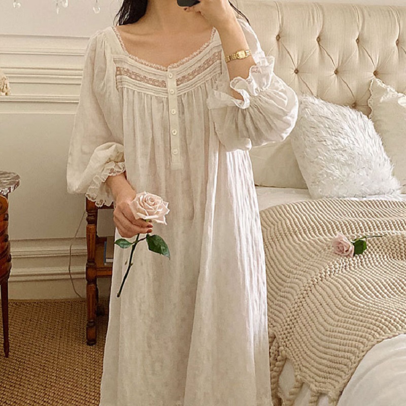 Vintage Soft Cotton Long Nightgowns For Women Long Sleeve Elegant Nightshirts Comfortable Loose Night Dress alx