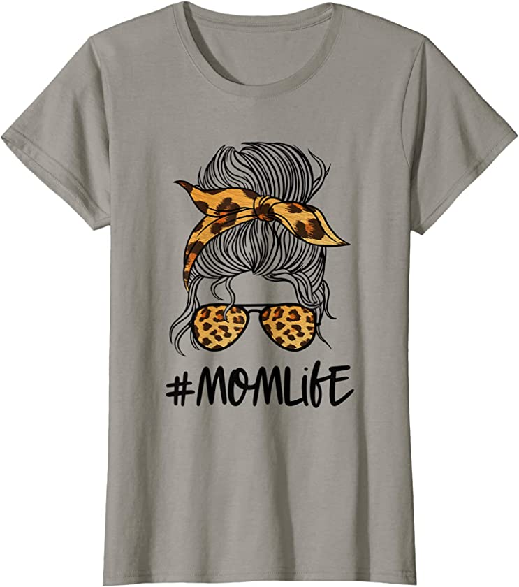 Womens Mom Life Messy Hair Bun Leopard Mother’s Day T-Shirt