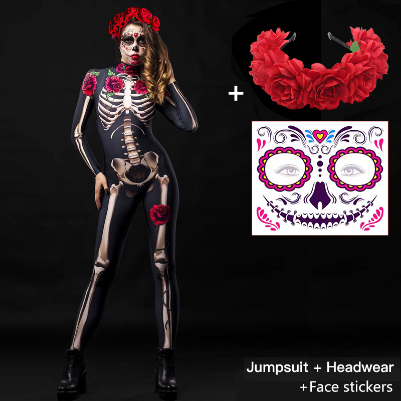 Adult Sexy Women Scary Ghost Costume Rose Skeleton Halloween Sexy Devil Jumpsuit Kids Baby Girl Carnival Party Day of The Dead alx