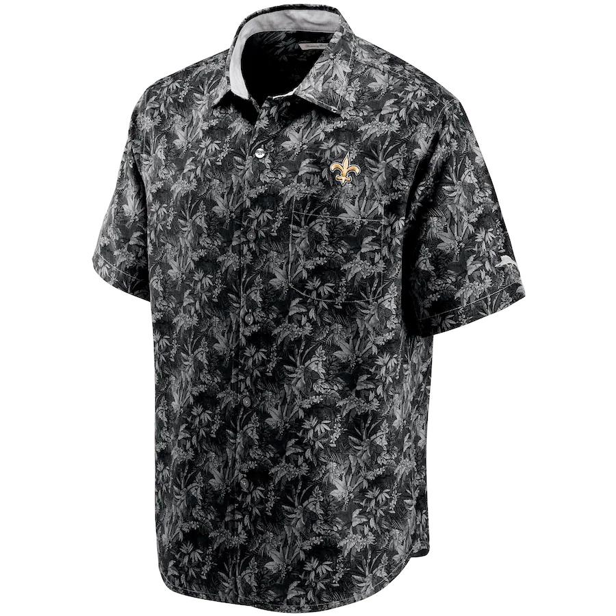 New Orleans Saints Tommy Bahama Jungle Shade Silk Hawaiian Camp Shirt – Black