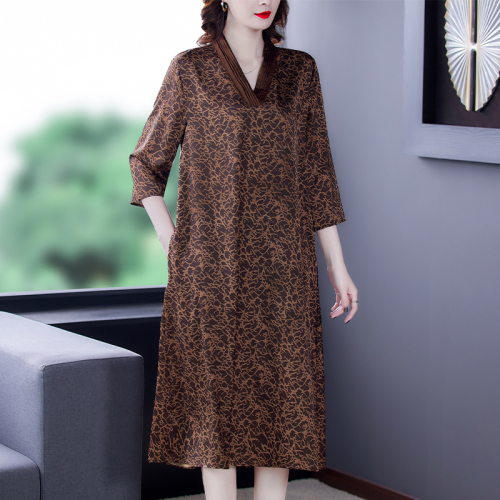 2022 Vintage Casual Leopard Print Natural Silk Satin Dress Spring Summer Midi Dress Women Elegant Loose Evening Vestidos alx