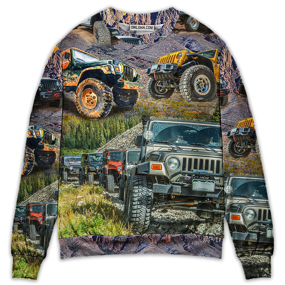 Jeep In The Mountain Sunset Vintage Art Style – Sweater  – Ugly Christmas Sweaters  – Owl Ohh